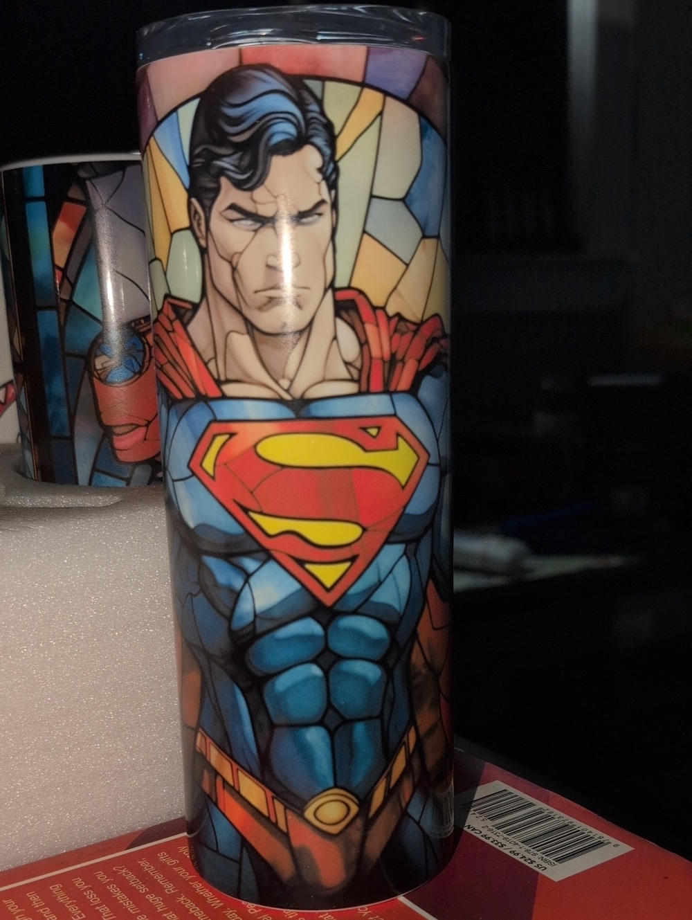 Stained Glass Superhero Skinny Tumbler 20 oz Blue Red Comic Art Lid Straw Handma